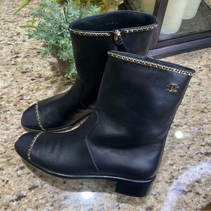 CHANEL Black Ankle Boots with Gold Accents